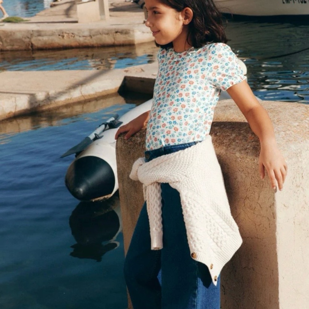 Mini Boden Ruffle Collar Pointelle Tee - Picture 2 of 4